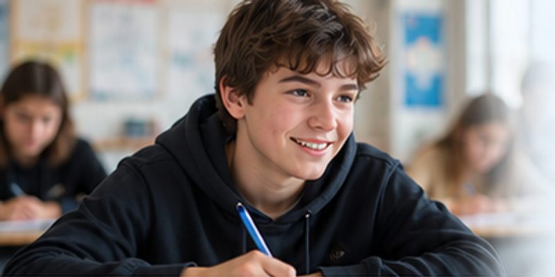 Lächelnder Schüler beim Lernen